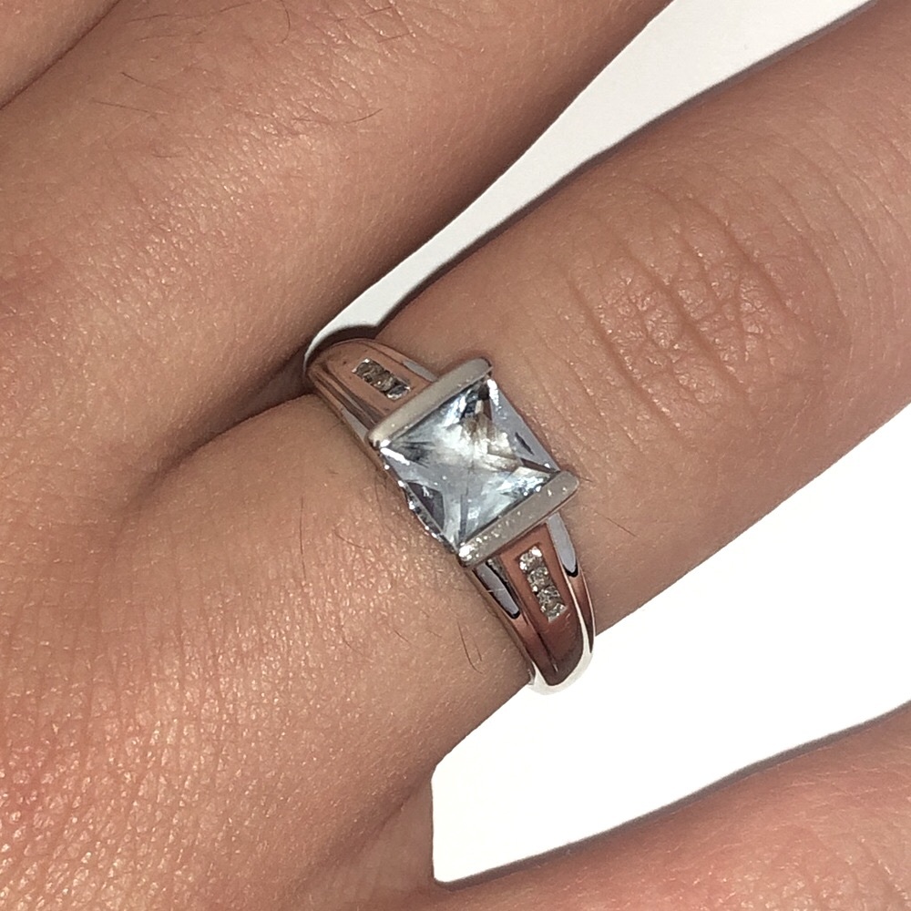 Solid 10K (not 14K ) White Gold Blue Aquamarine Natural Diamond Ring